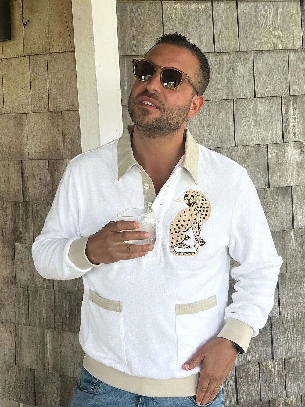RARE Tombolo Sun Leopard Cabana Long-Sleeve Terrycloth Polo Shirt